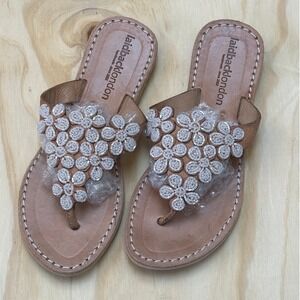 Laidback London Tan Leather Beaded Floral Thong Sandals Womens 37 Handcrafted